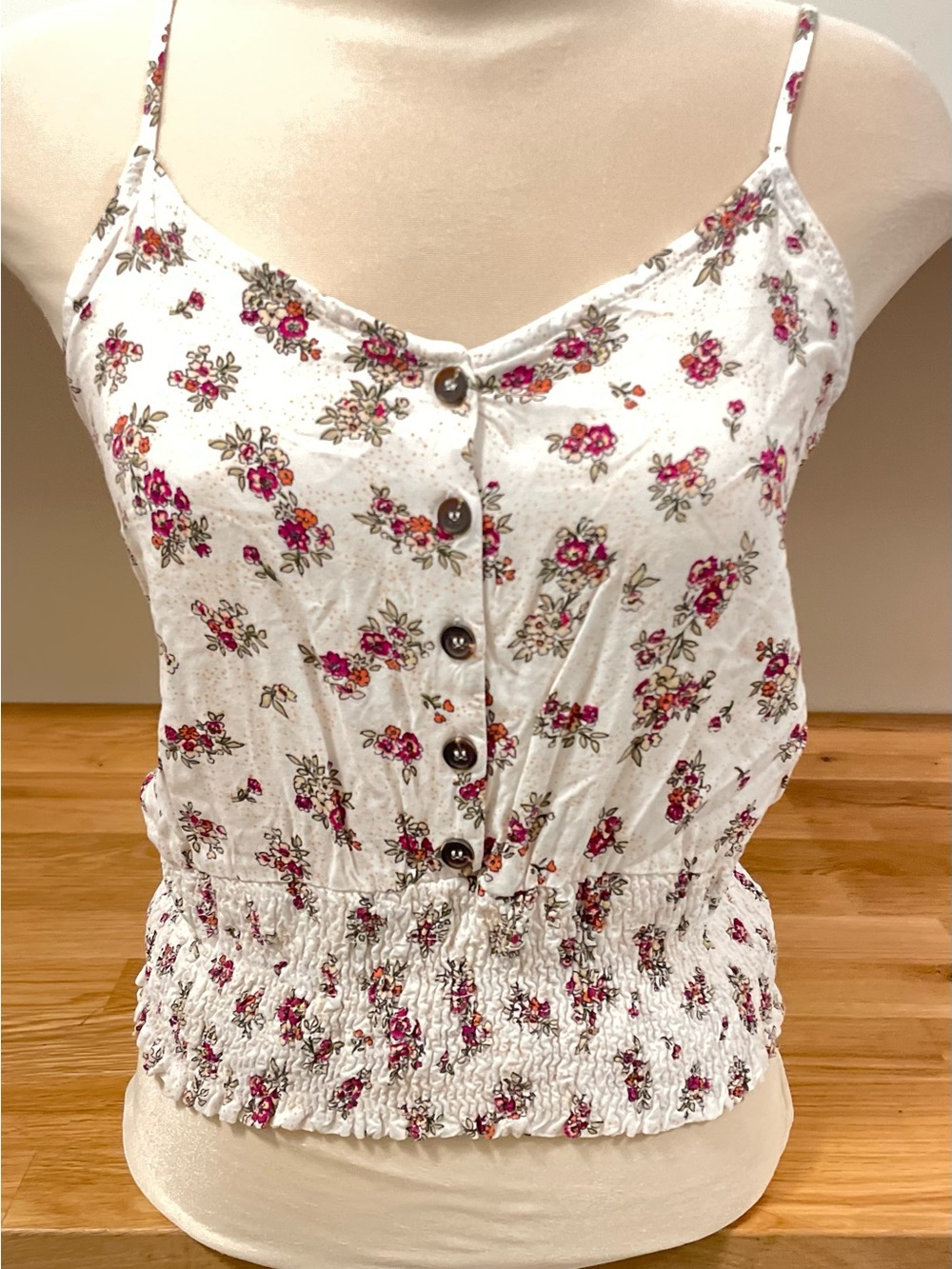 Active USA Floral Button-Front Smocked Hem Cami Top